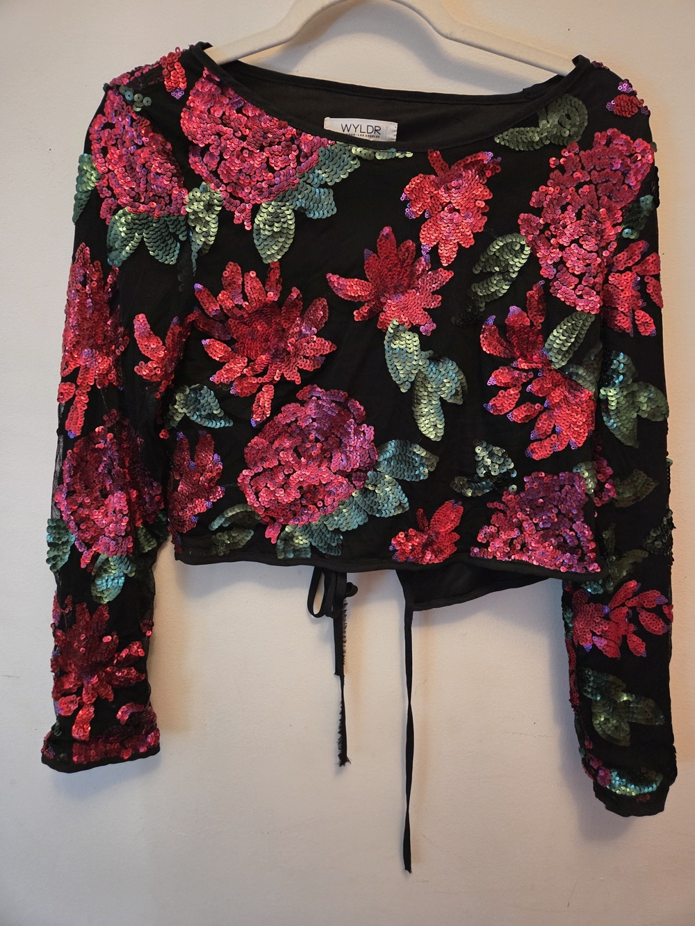 WYLDR Black Crop Top with Red Sequin Floral Embroidery